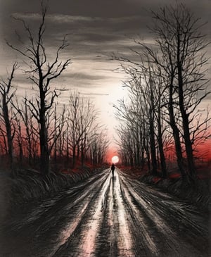 A complex horror film, a nightmare, a beautiful American woman walking down a straight road, dead trees on both sides, moldy and rotten earth, blood-red sunset, cinematography, raw photographs, pencils, oil paints, Grzegorz. Rosinski, Gabriele Delotto, pencil sketch, pencil sketch