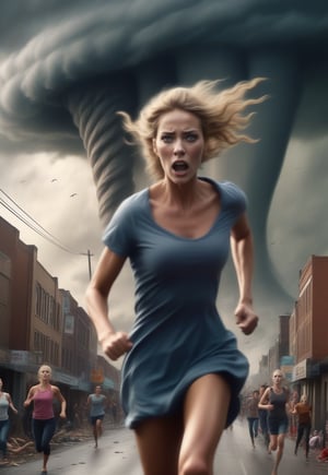 super huge tornado looms behind blonde English woman as she runs away in fear, barefeet, ominous sky, urban, crowds running behind, realistic and detailed, horror movie style, surreal, masterpiece