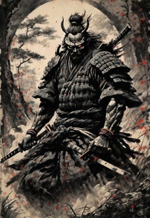 (Seven Japanese Samurai Gathered in the Wilderness), Excellent image quality, Exquisite details, Charcoal drawing, Charcoal, Popular Japanese action manga, Ink painting, Japanese plains, Holding a sword, Glowing eyes, Fierce heroism, Warriors