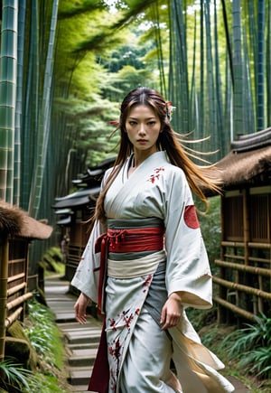 Beautiful Japanese shrine maiden woman, award-winning beautiful face, long hair blowing in the wind, charming and beautiful, 8k, raw, high resolution, masterpiece, hdr, in bamboo forest, ((too many zombies attack her)), film still, movie still, cinematic, movie still