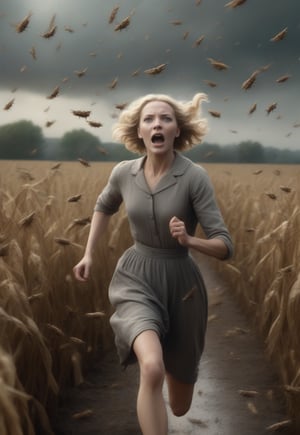 1930s, a lot of many swarm of locusts fly over blonde English woman as she runs away in fear, barefoot, cornfield in spooky grey sky, realistic and detailed, horror movie style, surreal, masterpiece