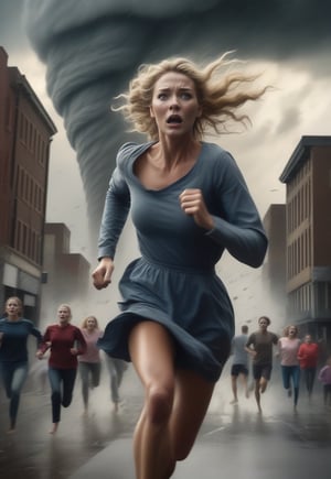 super huge tornado looms behind blonde English woman as she runs away in fear, barefeet, ominous sky, urban, crowds running behind, realistic and detailed, horror movie style, surreal, masterpiece