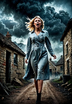 ((full body angle)), very beautiful blonde British woman, in a village on eerie sky, horror movie, dramatic movement, dark, screaming with eyes wide open in fear, scary atmosphere, movie poster style, photography,