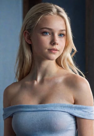 Skin tight top: 1.2, viewer perspective, cinematic lighting, perfect soft light, high resolution skin: 1.2, realistic skin texture, 12 year old American blonde girl, small face, no makeup, off-shoulder, sagging, full nude, small breasts, blue eyes, long hair, blonde hair, standing pose, whole body angle,
