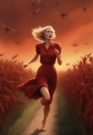 1930s, a lot of many swarm of locusts fly over blonde English woman as she runs away in fear, barefoot, cornfield in spooky red sky, realistic and detailed, horror movie style, surreal, masterpiece