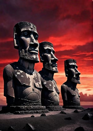 Easter Island, Moai statues, eerie red sky, dramatic angles, realistic and detailed action movie style, surreal, masterpiece,