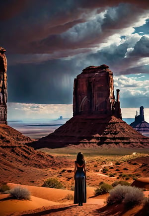 Delia Boccardo stands in Monument Valley, (highly detailed HD), dramatic angles and poses, perfect female anatomy, spooky sky, realistic details, Retro suspense horror movie style, super realistic, masterpiece,