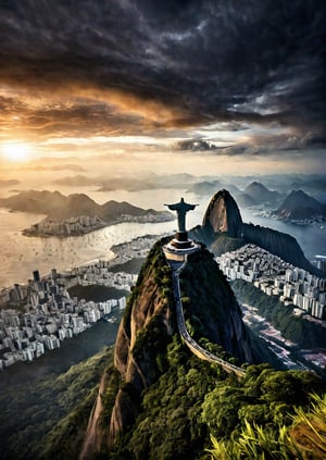 Landscapes, Brazil, Christ the Redeemer landscape, eerie sky, dramatic angles, realistic and detailed action movie style, surreal, masterpiece,