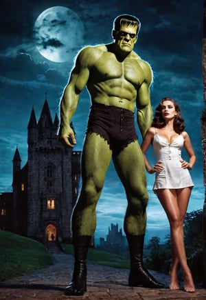 Beautiful English woman and Frankenstein's monster, she standing barefoot, dramatic angle and pose, perfect female anatomy, realistic and detailed, retro horror movie poster style, surreal, spooky old castle at night, masterpiece,