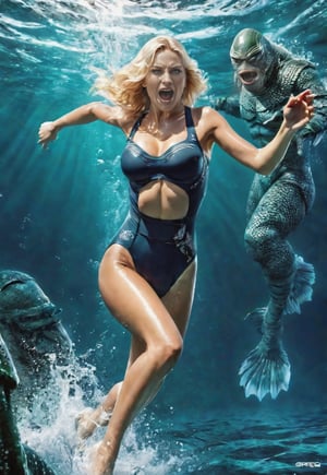 from sea level giant gill-man atack a ((white one piece swimsui)) beautiful blonde Ukrainian woman, on swimming, she freaks out and shout, dramatic angles and poses, perfect female anatomy, realistic, detailed, action movie poster style, surreal, on the sea, masterpiece,