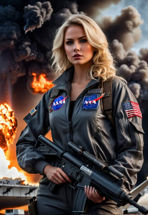 Beautiful American blonde woman with machine gun in hand, in front of burning American NASA space shuttle, ominous sky, dramatic angle, realistic and detailed horror movie style, surreal, masterpiece,