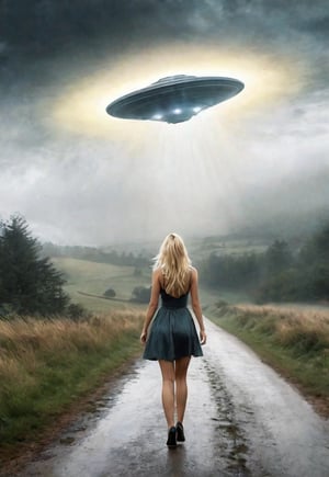 complex horror movie. a beautiful, slender, blonde, 26 year old British woman encounters a giant UFO and screams in terror, eyes wide open. ((spooky, misty English country road, waist-high close-up of a frightened, frantic screaming woman in the foreground at the bottom of the frame, a large UFO looming over her in the sky in the background.), dramatic movement, atmosphere, cinematography, photography, pencil, watercolor, bright, rich colors, Gabriele Dello, Charles Victor Tillion, Karl Eugen Kiel, Carl Lundgren, pencil drawing