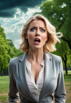 30 year old beautiful blonde British teacher woman standing in the park, eyes and mouth wide open in fear, unconscious, dramatic angle and pose, perfect female anatomy, realistic and detailed horror movie poster style, UFO in the spooky sky, masterpiece,