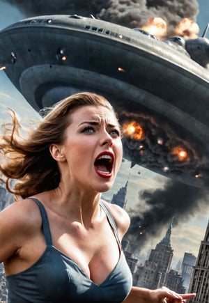 1939s beautiful British woman screaming in fear, lots of peoples running in the background, dramatic angle, perfect female anatomy, realistic and detailed, movie style, super realistic, in front of the big UFO attacking the Manhattan city to death ray, masterpiece, fighter planes in the spooky sky