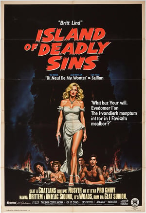 Old, Vintage: 1.2), (Action Movie Poster: 1.3), (Big Title, Island of Deadly Sins, Subtitles: 1.3), (Britt Lind: 1.3), (Britt Lind, a beautiful blonde woman, encounters a group of men attacking a frightened woman at night in the island's harbor, and Brit shoots them dead with a handgun: 1.2), (Creepy, Shadow, Gloomy, Dark Atmosphere: 1.1)