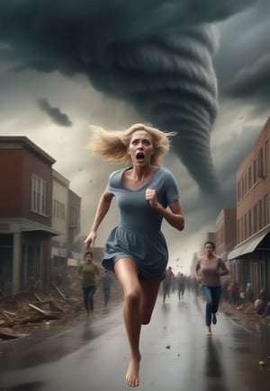 huge tornado looms behind blonde English woman as she runs away in fear, barefeet, ominous sky, urban, crowds fleeing behind, realistic and detailed, horror movie style, surreal, masterpiece