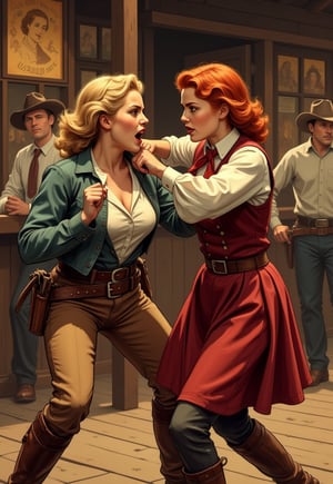 Old, Vintage: 1.2), (Western Poster: 1.3), ((Big Title, Taming of the Shrew, Subtitles: 1.3)), (Britt Lind: 1.3), A story of a brave woman living in the West, Two women, a beautiful American blonde country girl and a red hair barmaid dressed in a flashy outfit, fight each other, shouting angly and punching each other with fierce expressions, ((clothes are torn to shreds)), a flashy cat fight scene with them riding each other, dramatic movements, customers watching the fight, bar square, atmosphere, cinematography, photography