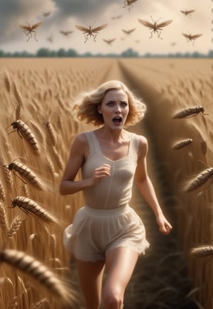 1930s, swarm of locusts fly over blonde English woman in lacy underwear as she runs away in fear, barefoot, spooky wheat field, realistic and detailed, horror movie style, surreal, masterpiece