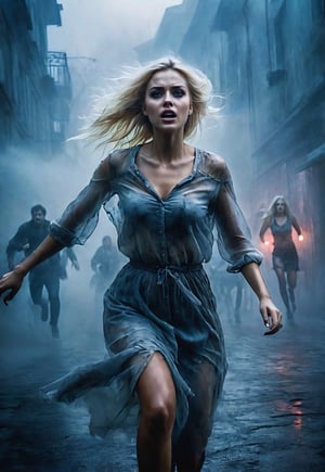 Complex horror movie, beautiful Ukrainian blonde woman is attacked by a creepy zombies from the fog in the middle of the night, running in fear, dramatic movement, foggy street corner, atmosphere, cinematography, photography, pencil, watercolor, bright and rich colors, Gabriele Dello, Charles Victor Tillion, Karl Eugen Kiel, Carl Lundgren, pencil drawing, ((Close-up angle))