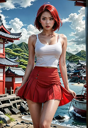 too many Japanese Yokai monsters attack a ((white tank-top and red skirt)) white-skinned beautiful British woman, she in fear, wide-open eyes, barefoot, dramatic angles and poses, perfect female anatomy, realistic and detailed, retro horror movie Style, creepy midnight of Japanese fisherman's village island harbor, super realistic, masterpiece,