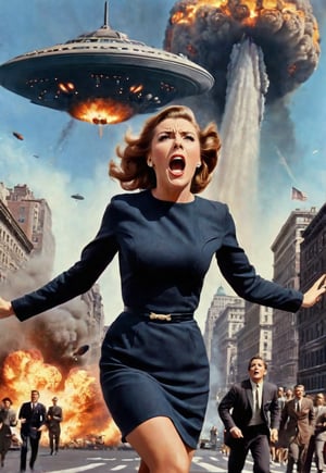 1960s, beautiful British woman screaming in fear, lots of peoples running in the background, dramatic angle, perfect female anatomy, realistic and detailed, movie style, super realistic, in front of the big UFO destroying the city of New-York to rays, city is explosion and flames, masterpiece,