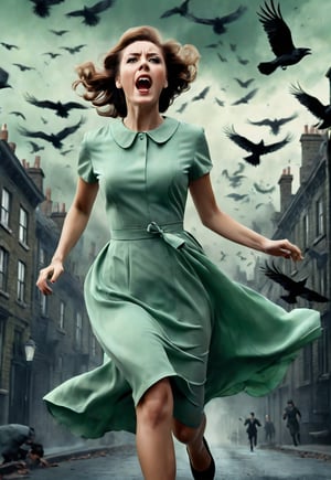 1960s, pale green dress beautiful British woman running, screaming in fear, dramatic angle and pose, realistic and detailed, flock of crows flying in the spooky sky, retro horror movie style, ultra realistic, people fleeing on the city, masterpiece,