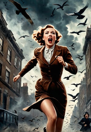 1930s, beautiful British woman running, screaming in fear, dramatic angle and pose, realistic and detailed, flock of birds flying in the spooky sky, retro horror movie poster style, ultra realistic, tigers, people fleeing on the city, masterpiece,