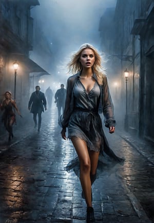 Complex horror movie, beautiful Ukrainian blonde woman and a man attacked by a creepy zombies from the fog in the middle of the night, running in fear, dramatic movement, night of very deep foggy street corner, atmosphere, cinematography, photography, pencil, watercolor, bright and rich colors, Gabriele Dello, Charles Victor Tillion, Karl Eugen Kiel, Carl Lundgren, pencil drawing, ((full body angle))