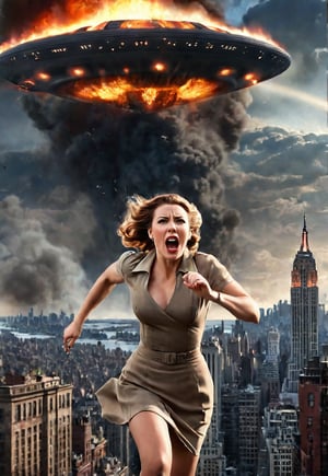 1939s beautiful British woman screaming in fear, lots of peoples running in the background, dramatic angle, perfect female anatomy, realistic and detailed, movie style, super realistic, in front of the big UFO attacking the Manhattan city to beam of light, city on big fire, masterpiece, fighter plane in the spooky sky