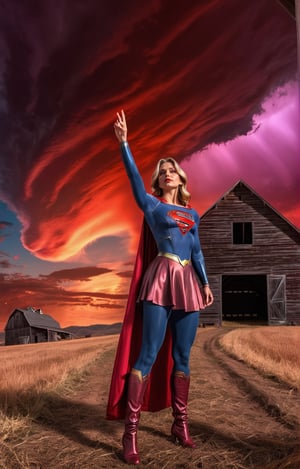 ((Full body angle:1.4)), supergirl, a hand up, Standing in front of the spooky small barn, red sky at spooky clouds with ufo, landscape, masterpiece, best quality, ultra-detailed, high resolution 8K),perfect,High detailed,perfecteyes