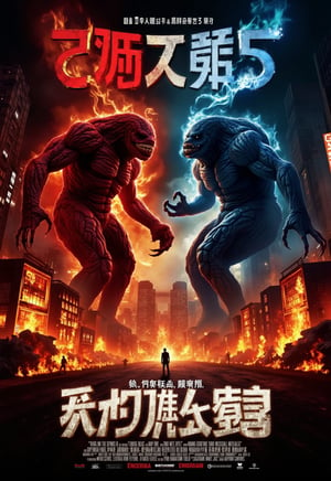 (horror movie poster), (big title, Dr. Frankenstein's monster: Sanda vs Gaira), (scene of two monsters fighting in a burning city with tremendous flames: 2.0), (main image, two giant humanoid monsters (Sanda with red body and Gaira with blue body) fighting in a burning city: 2.0), (realistic style: 2.0), ((close-up of the male and female chemists who created them overlaps at the bottom)), realistic details, horror movie, surreal, masterpiece