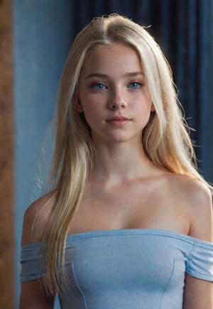 Skin tight top: 1.2, viewer perspective, cinematic lighting, perfect soft light, high resolution skin: 1.2, realistic skin texture, 12 year old American blonde girl, small face, no makeup, off-shoulder, sagging, small breasts, blue eyes, long hair, blonde hair, standing pose, whole body angle,
