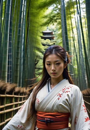 Beautiful Japanese woman in a shrine maiden, award-winning beautiful face, long hair blowing in the wind, charming and beautiful, 8k, raw, high resolution, masterpiece, hdr, in Japanese bamboo forest, ((too many Japanese ghosts attack her)), film still, movie still, cinematic, movie still