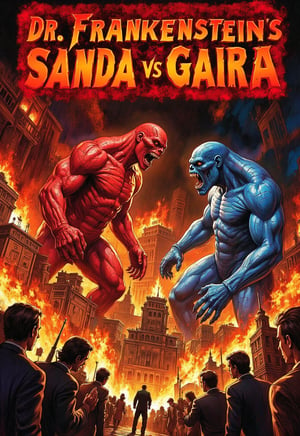 (horror movie poster), (big title, Dr. Frankenstein's monster: Sanda vs Gaira), (scene of two monsters fighting in a burning city with tremendous flames: 2.0), (main image, two giant humanoid monsters (Sanda with red body and Gaira with blue body) fighting in a burning city: 2.0), (realistic style: 2.0), ((close-up of the male and female chemists who created them overlaps at the bottom)), realistic details, horror movie, surreal, masterpiece,illustrated