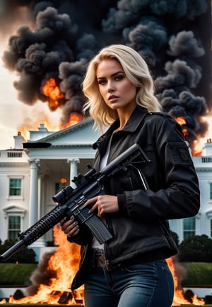black jacket beautiful american blonde woman, machine gun in hand, in front of the burning American White House presidential residence, eerie sky, dramatic angle, realistic and detailed horror movie style, surreal, masterpiece,
