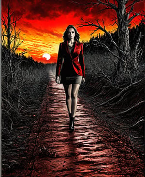 A complex horror movie, a nightmare, a beautiful American woman walking down a narrow road, a worried expression on her face, the ground on both sides is dead trees, moldy and rotten earth, blood-red sunset, movie poster style, cinematography, life photo, pencil, oil paint, Grzegorz Rozinski, Gabriele Delotto, pencil sketch, pencil sketch