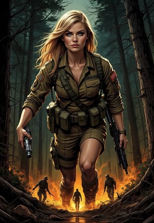 (suspense Horror Movie Poster: 1.3), (big Title, Zatrap, Subtitle: 1.3), (Cathleen Bennet: 1.3), (Main Image, beautiful blonde women soldier In the forest, attack from mysterious hunters other soldiers are also snipered one after another, and women who survive the last confrontation and those who survive, the hunters lurking in the eerie forest overlaped.,illustrated