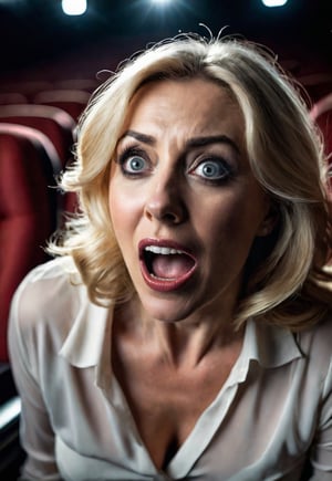 a 50 years old Beautiful blonde British woman sitting in a dimly lit cinema auditorium, (open big wide eyes and mouth very big wide screams in fear), unconscious, dramatic angles and poses, perfect female anatomy, realistic and detailed horror movie poster style, surreal, masterpiece,