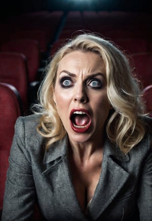 a 50 years old Beautiful blonde British zombie woman sitting in a dimly lit cinema auditorium, (open big wide eyes and mouth very big wide screams in fear), unconscious, dramatic angles and poses, perfect female anatomy, realistic and detailed horror movie poster style, surreal, masterpiece,