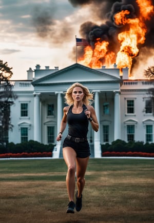 Beautiful american blonde woman running, machine gun in hand, in front of the burning American White House presidential residence, eerie sky, dramatic angle, realistic and detailed horror movie style, surreal, masterpiece,
