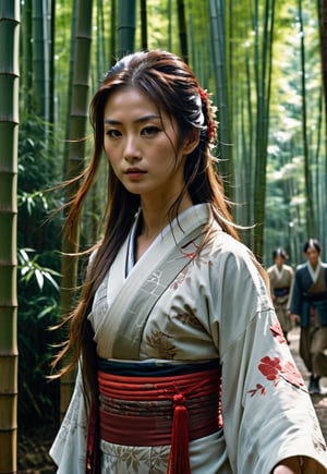 Beautiful Japanese woman in a shrine maiden, award-winning beautiful face, long hair blowing in the wind, charming and beautiful, 8k, raw, high resolution, masterpiece, hdr, in bamboo forest, ((too many zombies attack her)), film still, movie still, cinematic, movie still
