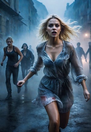 Complex horror movie, beautiful Ukrainian blonde woman is attacked by a creepy zombies from the fog in the middle of the night, running in fear, dramatic movement, foggy street corner, atmosphere, cinematography, photography, pencil, watercolor, bright and rich colors, Gabriele Dello, Charles Victor Tillion, Karl Eugen Kiel, Carl Lundgren, pencil drawing, ((Close-up angle))