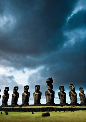 Panoramic view, Easter Island, Moai statues, eerie sky, dramatic angles, realistic and detailed action movie style, surreal, masterpiece,
