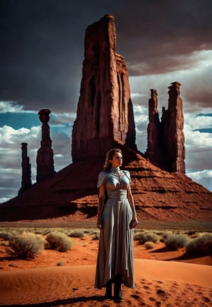 Delia Boccardo stands in Monument Valley, (highly detailed HD), dramatic angles and poses, perfect female anatomy, spooky sky, realistic details, Retro suspense horror movie style, super realistic, masterpiece,