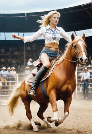 1930s, blonde Ukrainian woman rides a rodeo horse and makes a big fight, bare feet, dramatic angles and poses, perfect female anatomy, realistic and detailed, horror movie style, surreal, ranch large A masterpiece on stage,