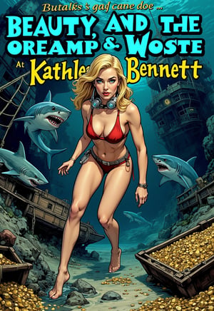 (modern adventure movie poster: 1.3), (big title, Beauty and the Shark Treasure, subtitles: 1.3), (Kathleen Bennett: 1.3), (main image, a beautiful blonde bikini woman with diving gear, explores the ocean floor. she finds a sunken ship filled with gold and silver treasure, but sharks are swarming all around: 1.2), a creepy sunken ship overlaps,illustrated