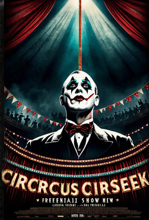 Creepy circus freak show, dramatic angle, panoramic view, realistic and detailed, retro suspense horror movie poster style, surreal, masterpiece,