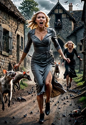 ((Full body angle)), gray dress Very beautiful blonde British woman, Spooky empty village, Swarm of bad rats attacking her, Horror movie, Dramatic movement, Dark, running and Screaming with eyes wide open in fear, Scary atmosphere, Movie poster style, Photo,