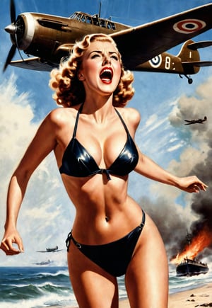 in 1930s, a bikini beautiful British woman, she screams in fear, dramatic angles and poses, realistic and detailed, bomber in the sky, retro horror movie poster style, super realistic, in the beach of war on fire, masterpiece,