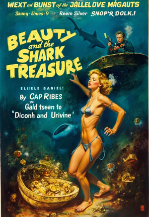 (modern adventure movie poster: 1.3), (big title, Beauty and the Shark Treasure, subtitles: 1.3), (Kathleen Bennett: 1.3), (main image, a beautiful blonde bikini woman with diving gear explores the ocean floor. she finds a sunken ship filled with gold and silver treasure, but sharks are swarming all around: 1.2), a creepy sunken ship and a man with an underwater gun overlaps,pavsok Style